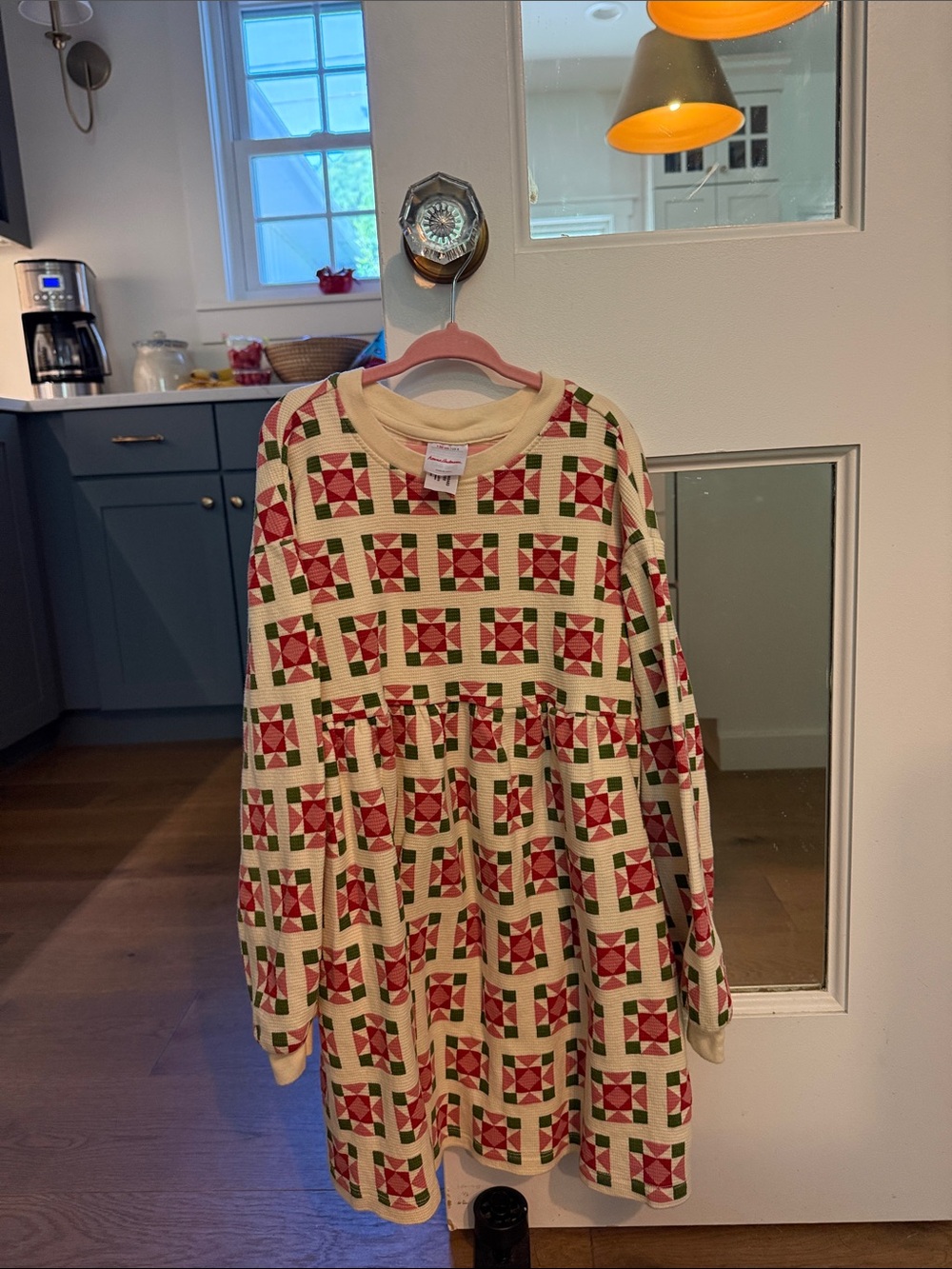 Hanna Andersson Cream Dress with Red & Green Quilt Blocks
